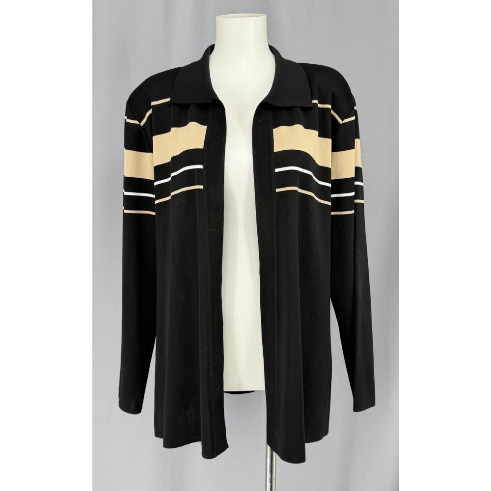 Misook Cardigan Sweater Womens Large Petite Black Striped Collared Open Front